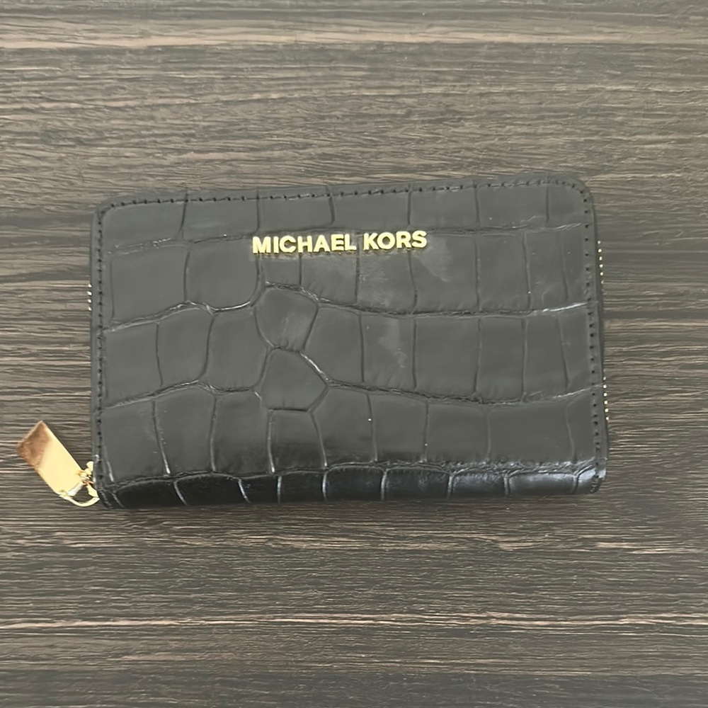 Michael Kors Black Croc-Embossed Wallet with Gold Accents